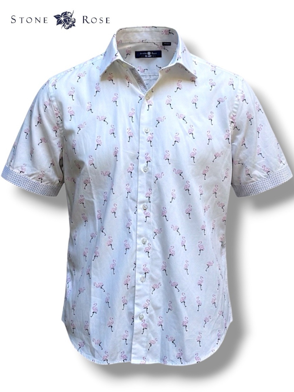 🦩Stone Rose Men’s Shirt Short Sleeve Flamingo Rare Print Cotton Resort | Sz M🦩